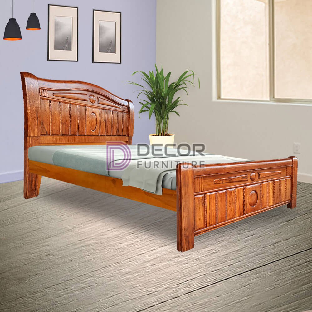 Neoclassical Solid Teak Wood Bed - Natural wood colour