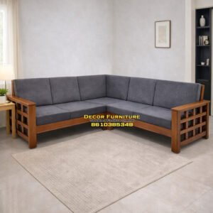 Corner L Shape Checked design Teakwood Sofa Set with Cushion